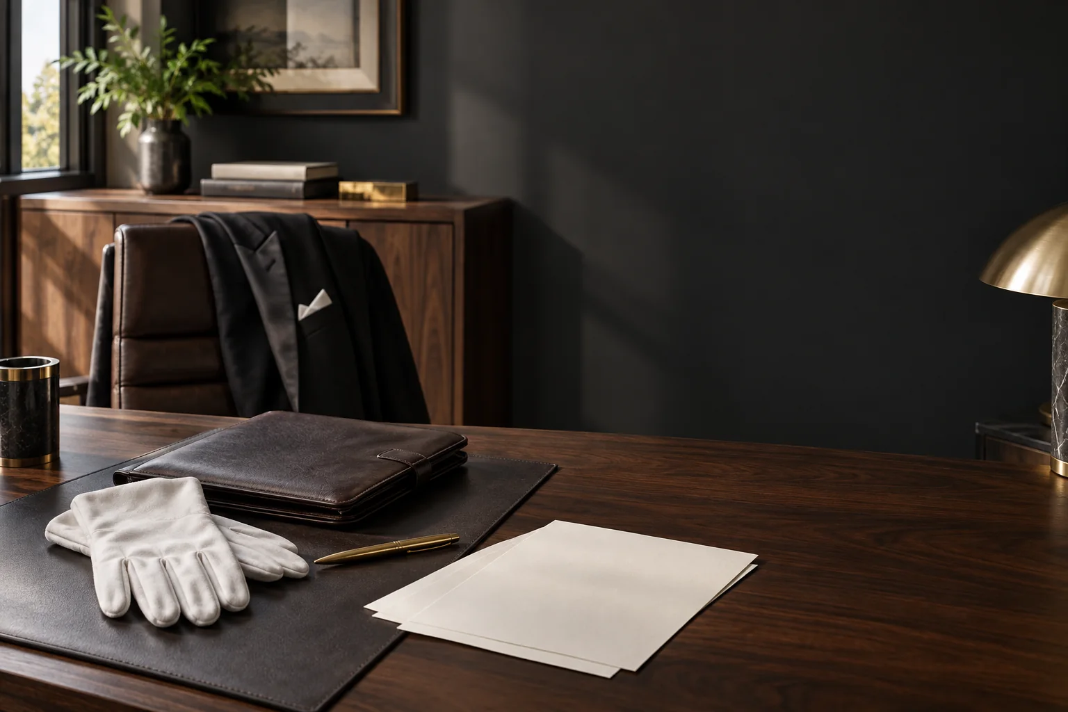 A leather business portfolio and white gloves on a walnut office desk.