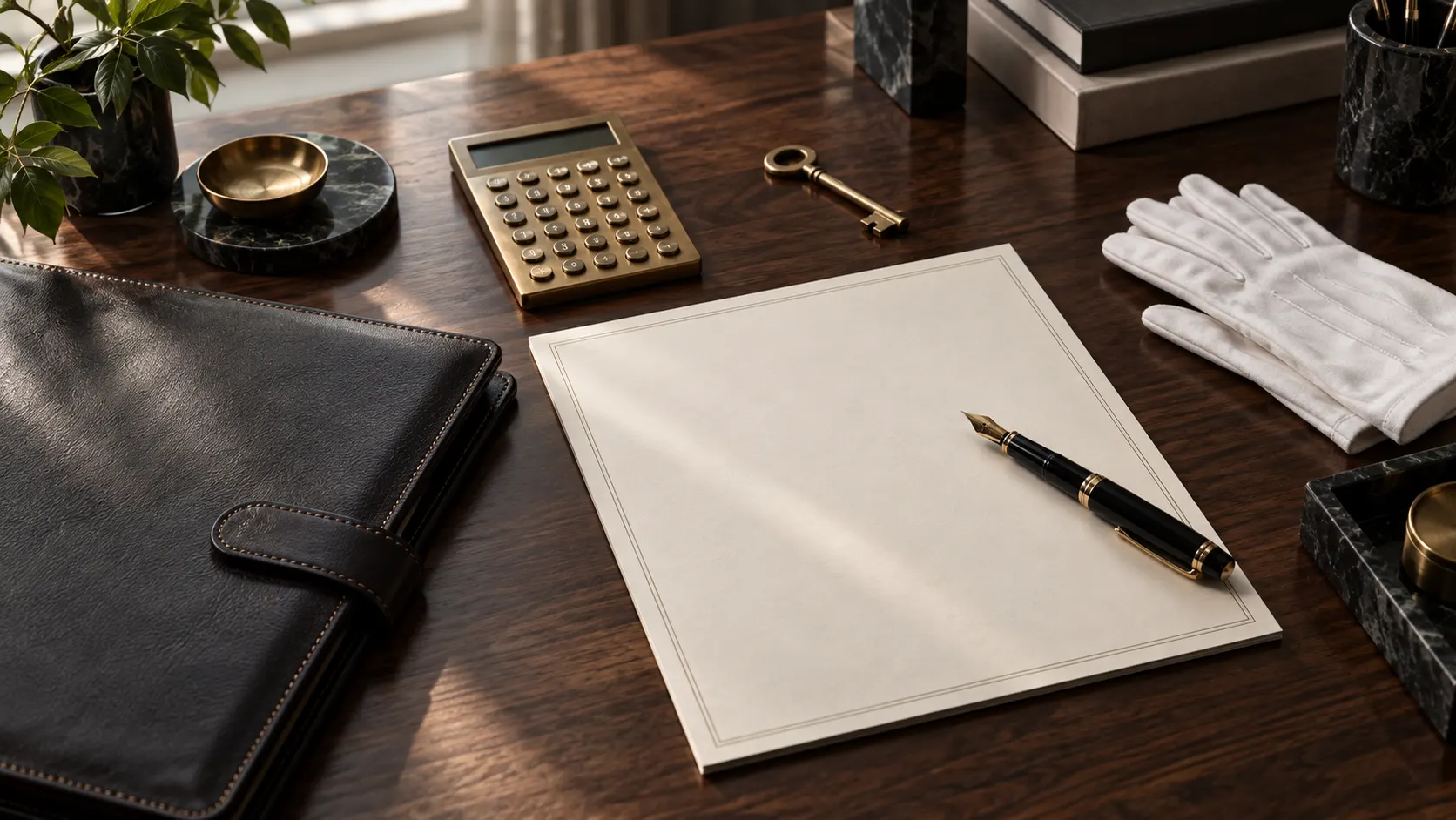 A dark leather business portfolio, blank ivory funding worksheet, brass calculator, metal key, fountain pen, and white gloves on a walnut desk.