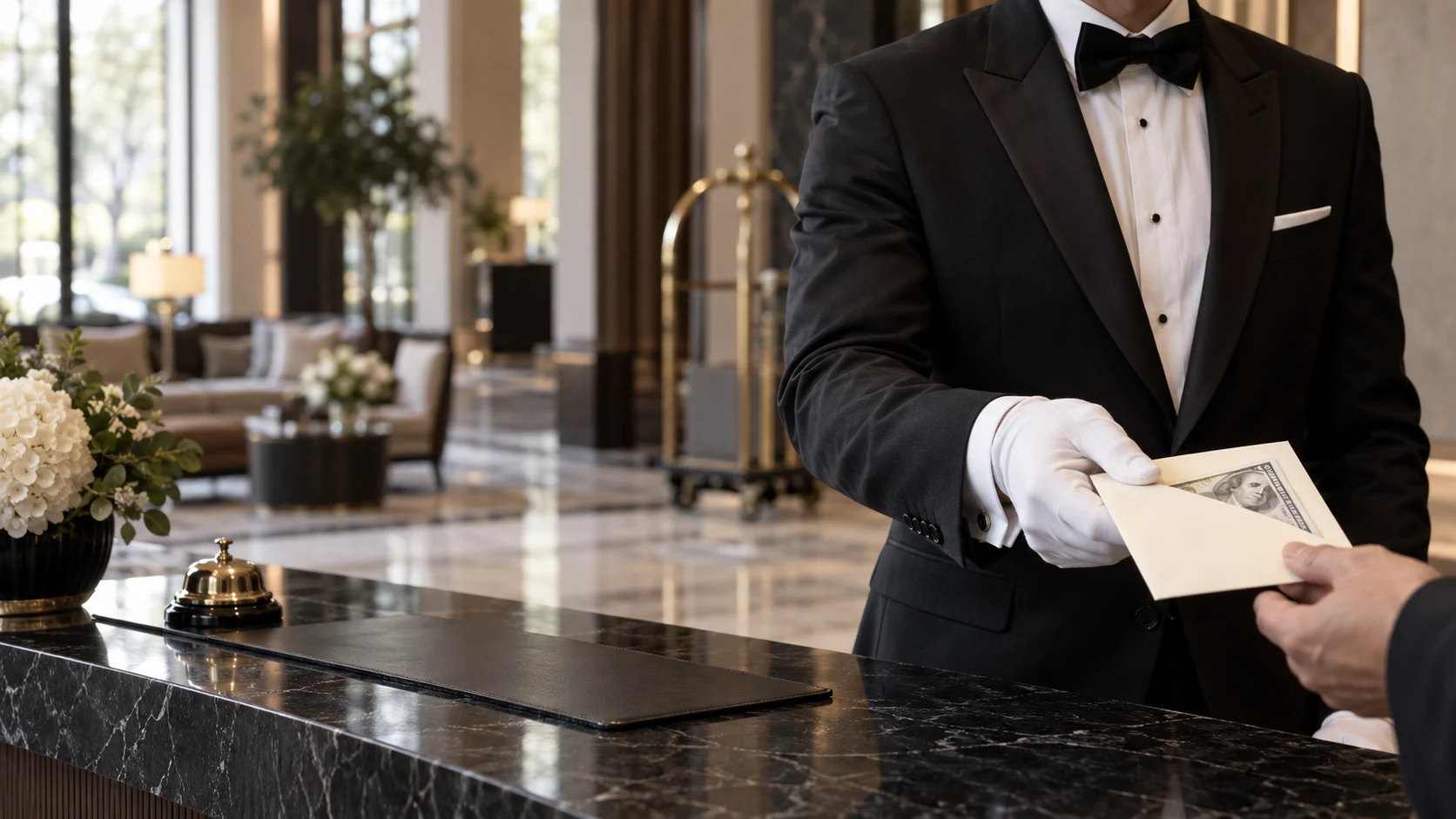 A tuxedoed concierge in white gloves handing an ivory envelope with a discreet banknote across a refined concierge desk.