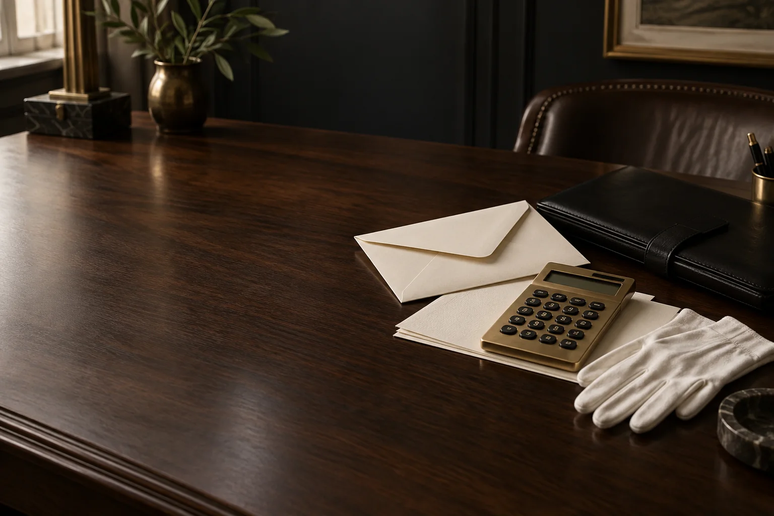 An ivory envelope and brass calculator on a walnut desk beside white gloves.