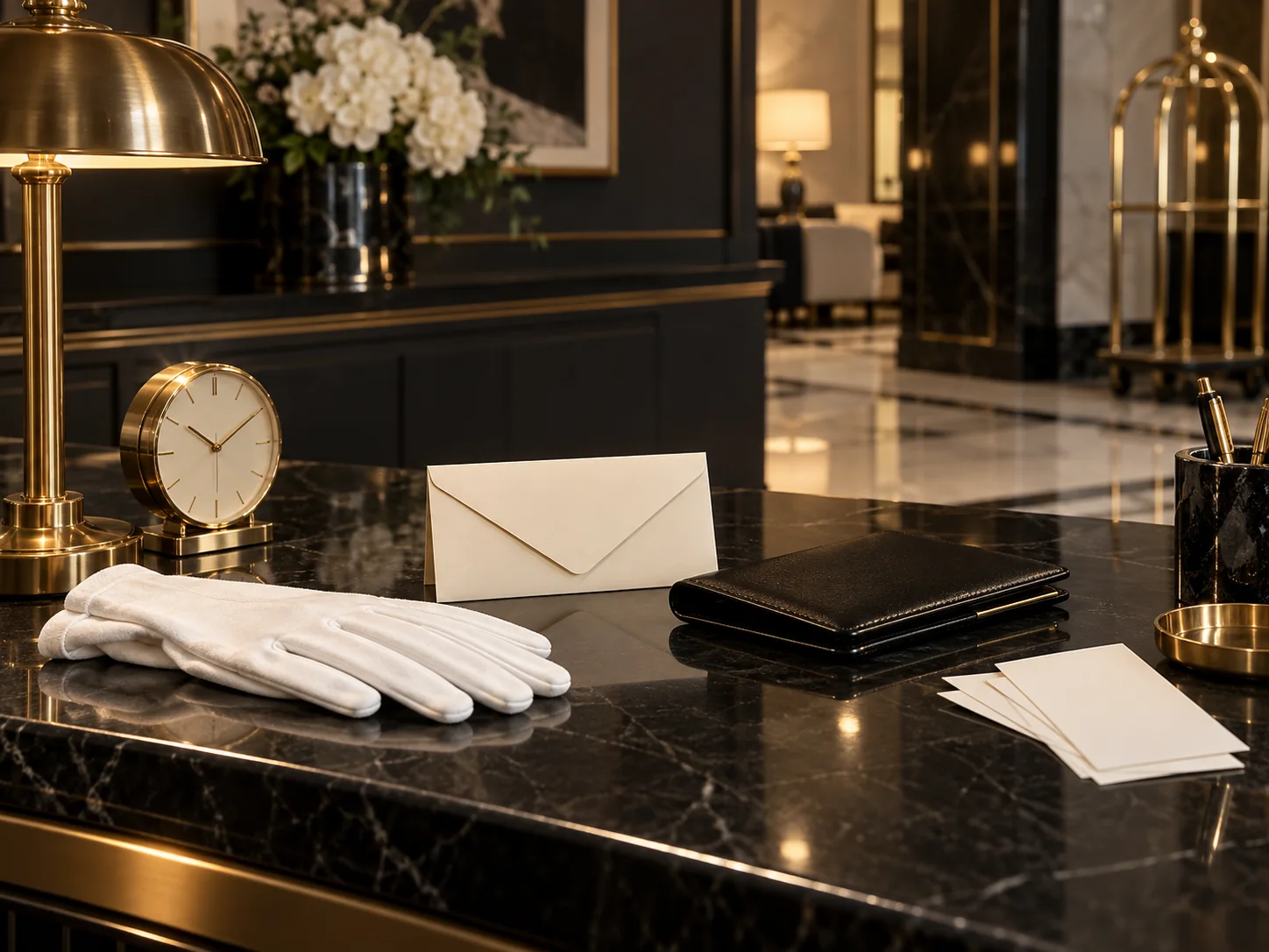 White gloves, an ivory envelope, and a black wallet on a polished concierge desk.
