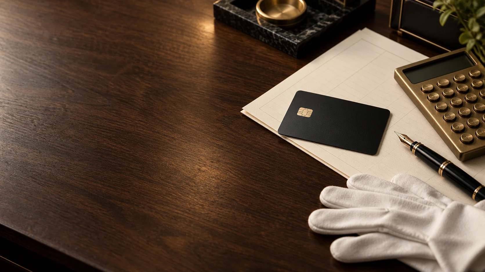 A matte black credit card, brass calculator, ivory balance sheet, and white gloves on a walnut desk.