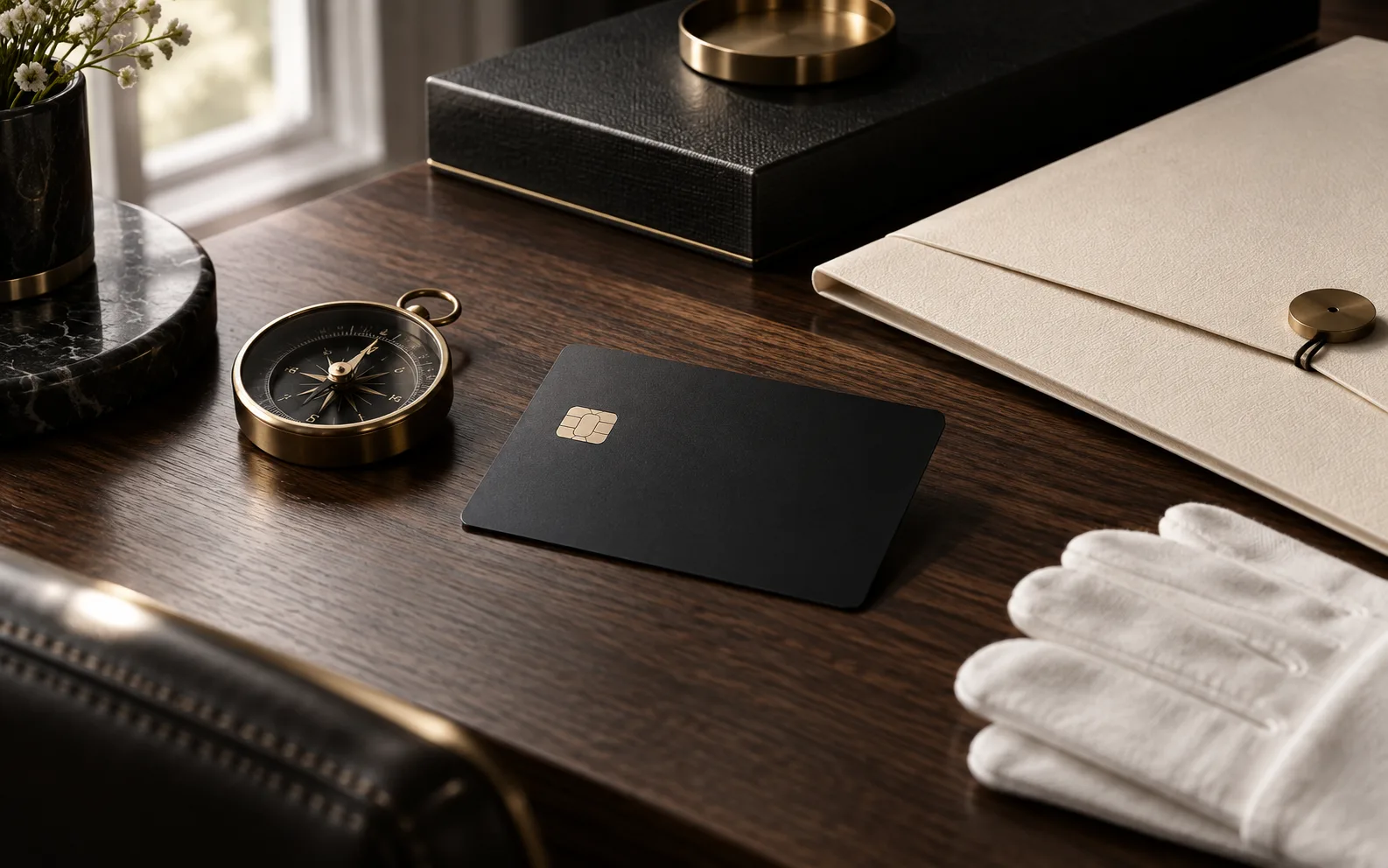 A matte black credit card, a brass compass, an ivory folder, and white gloves on a walnut desk.