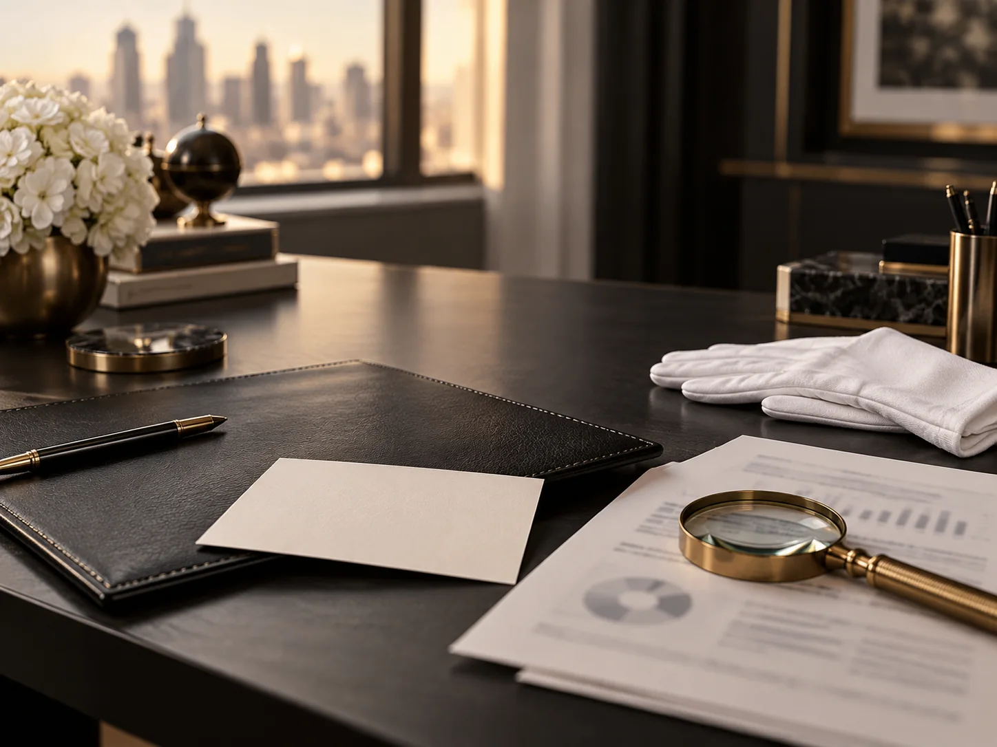 A black leather folio and credit-report papers beside white gloves.