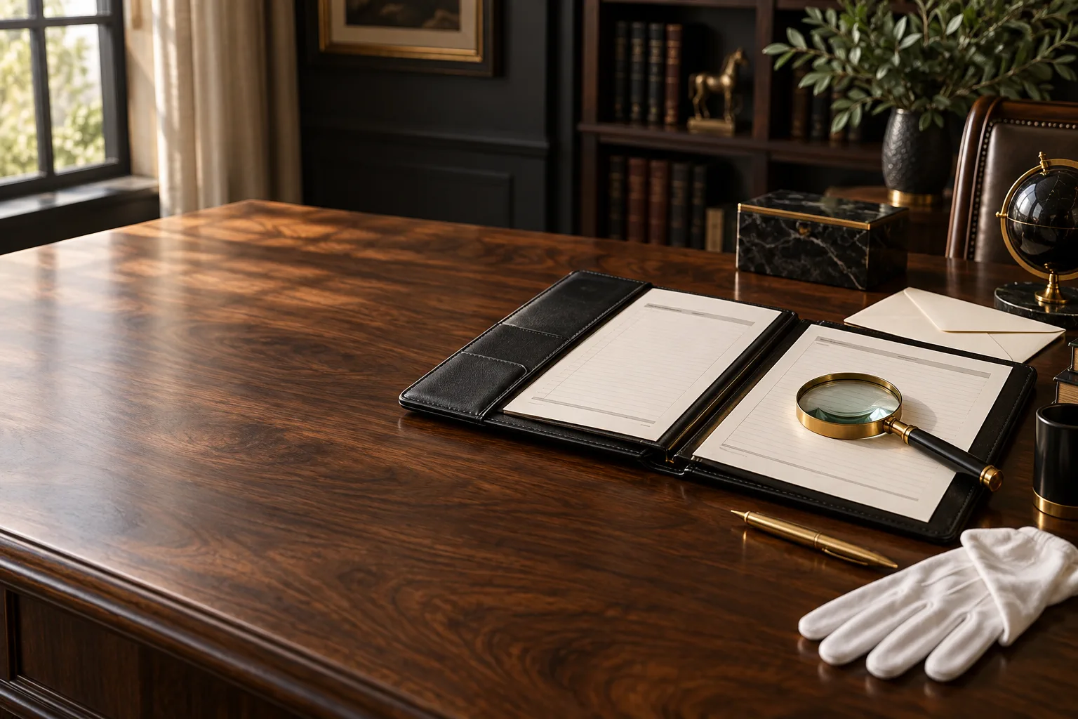 An open black leather folio, blank credit-report pages, a brass magnifying glass, and white gloves on a walnut desk.