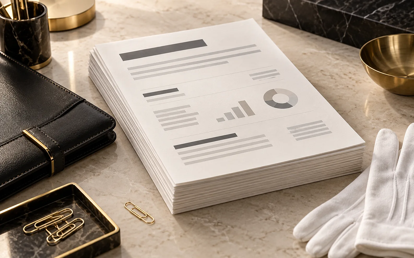 Organized blank credit-report papers in a black leather folio beside white gloves.