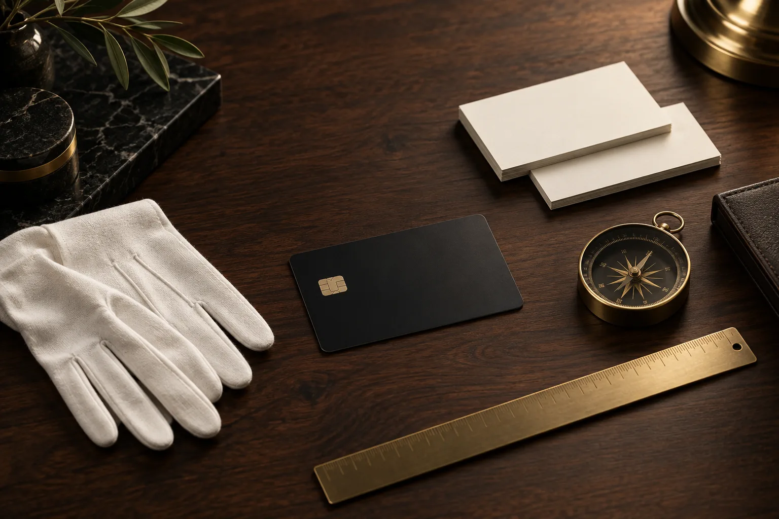 A matte black credit card, blank ivory cards, brass ruler, compass, and white gloves on a walnut desk.