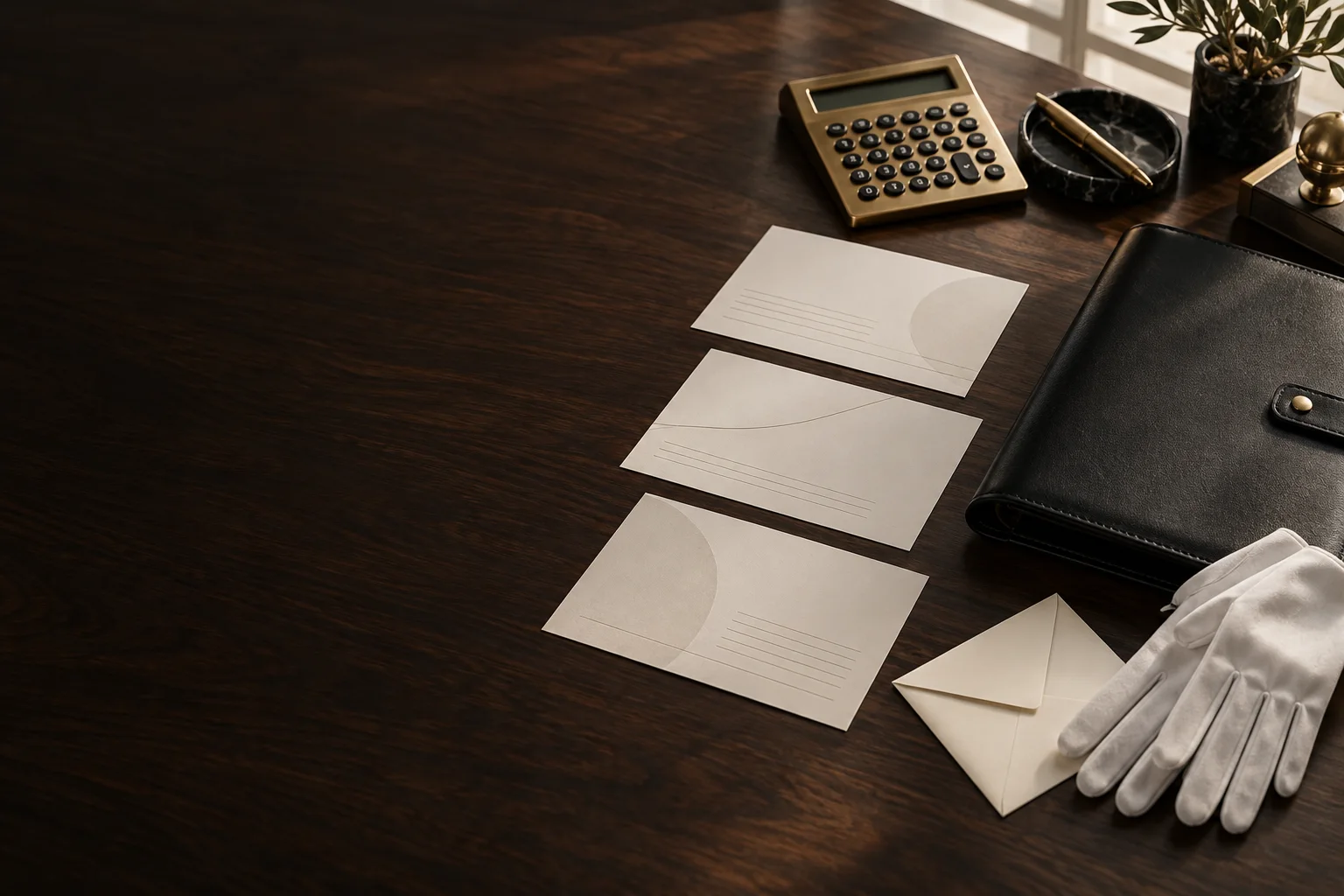 Three blank balance cards, brass calculator, leather folio, ivory envelope, and white gloves on a walnut desk.