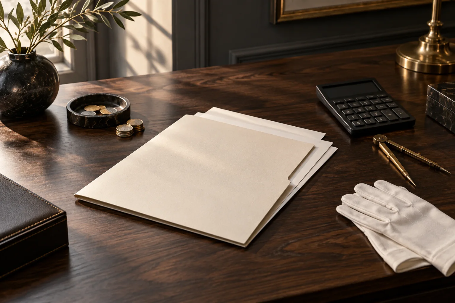 An ivory folder, calculator, coins, brass divider, and white gloves on a walnut desk.