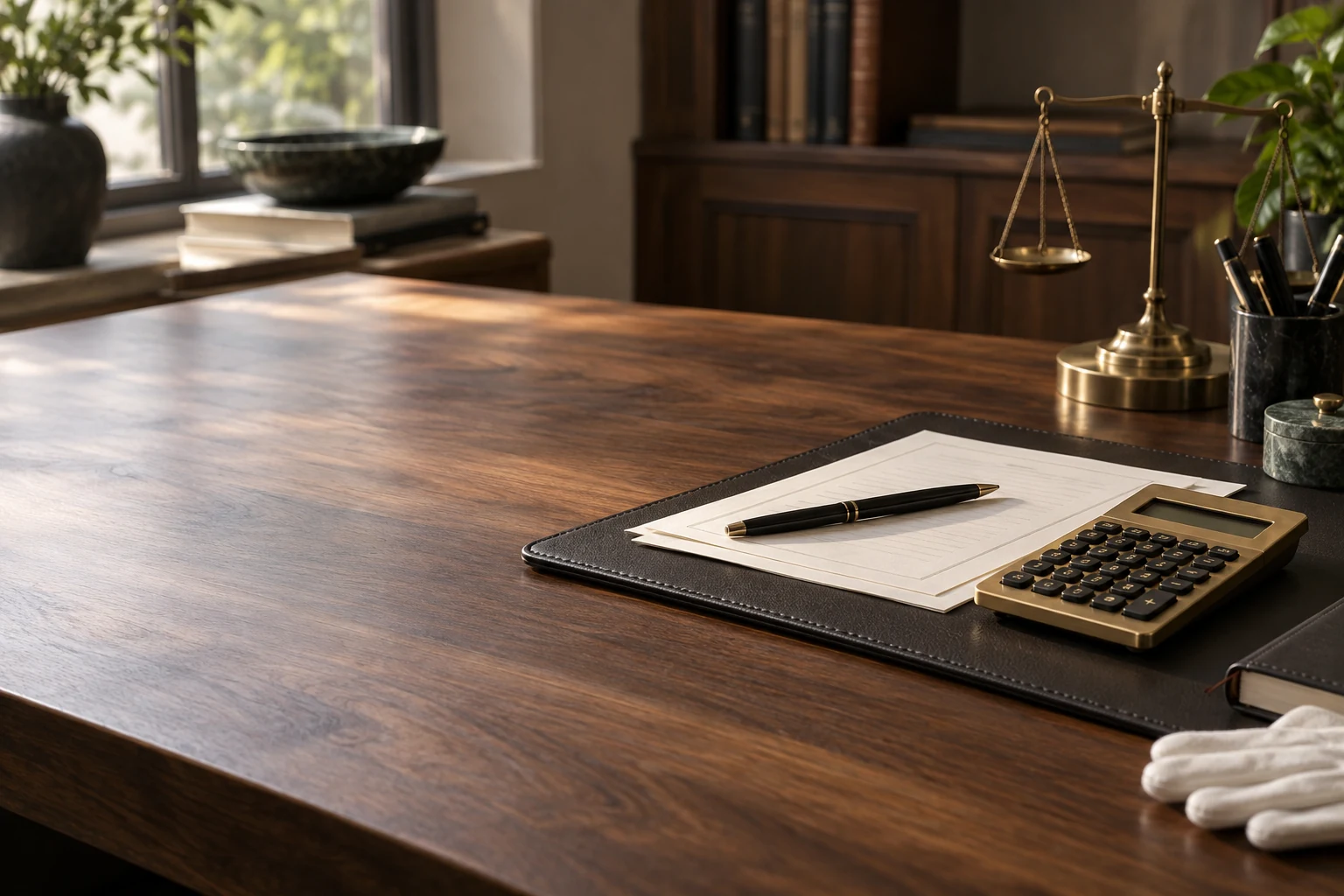 A brass balance scale, calculator, leather folio, and white gloves on a walnut financial desk.