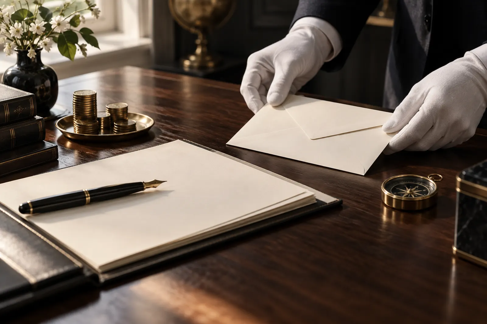 White-gloved hands placing an ivory envelope beside brass coins and a compass on a walnut desk.
