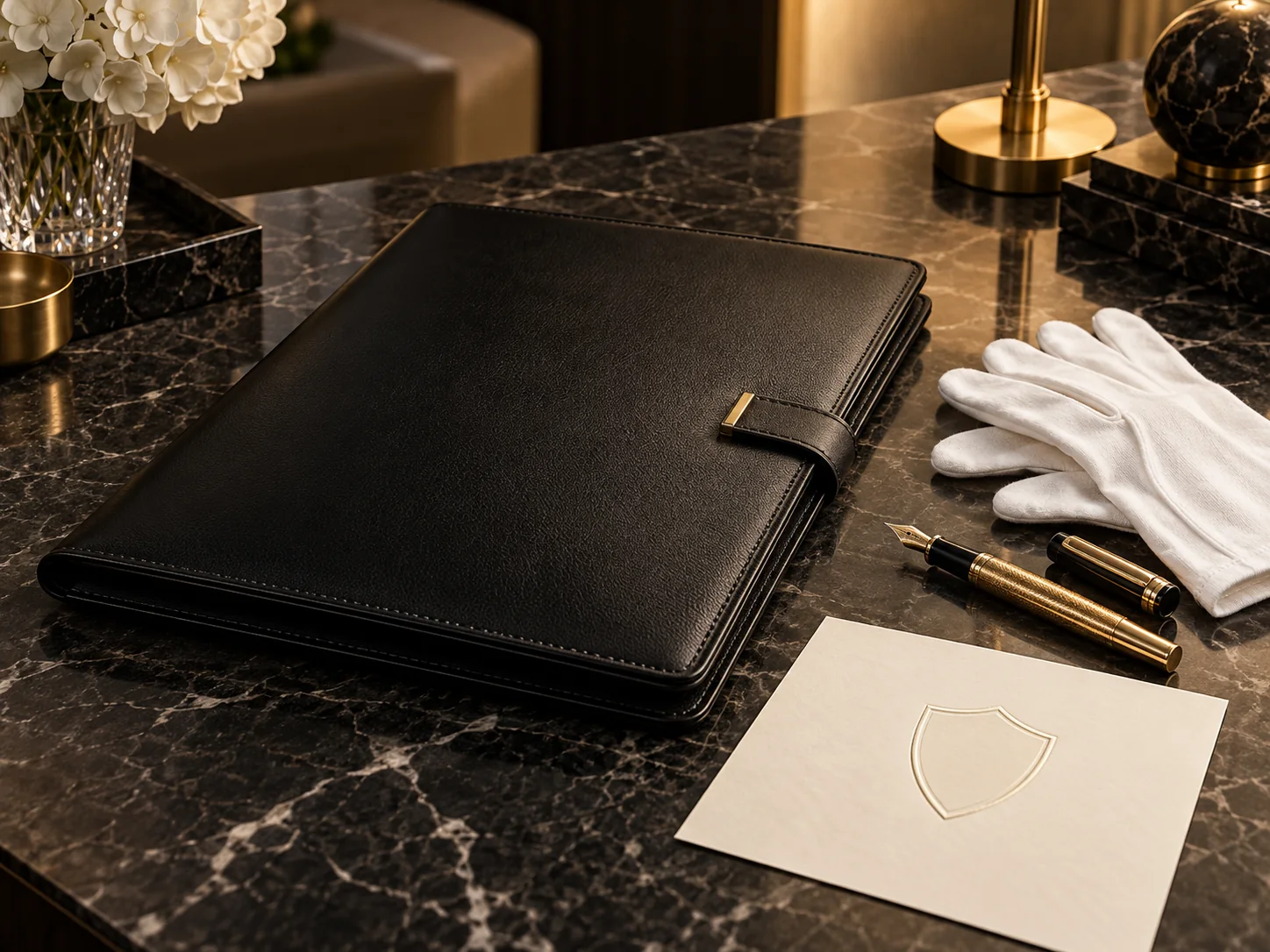 A black leather legal folio, white gloves, and a shield emboss on a marble desk.