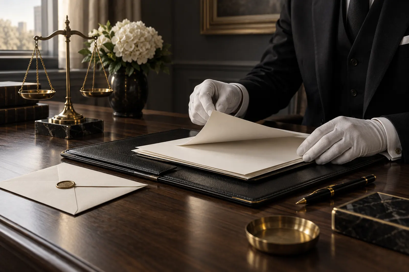 White-gloved hands reviewing blank papers beside a brass balance scale on a walnut desk.