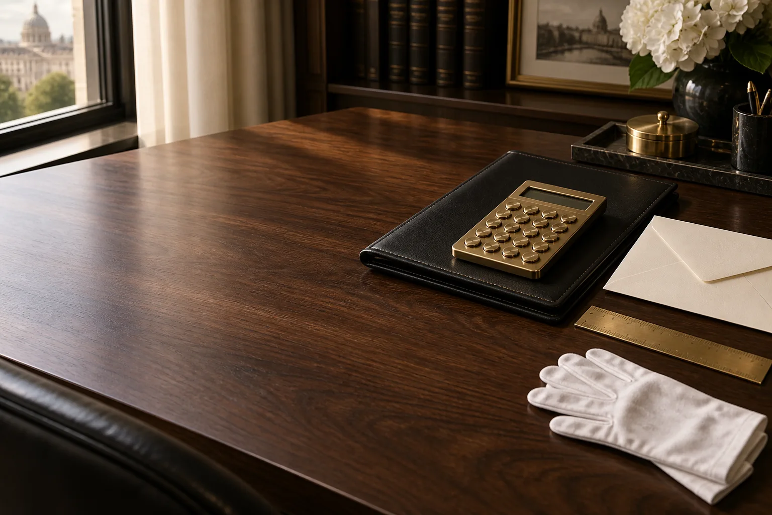 A brass calculator, ivory envelope, leather folio, ruler, and white gloves on a walnut desk.