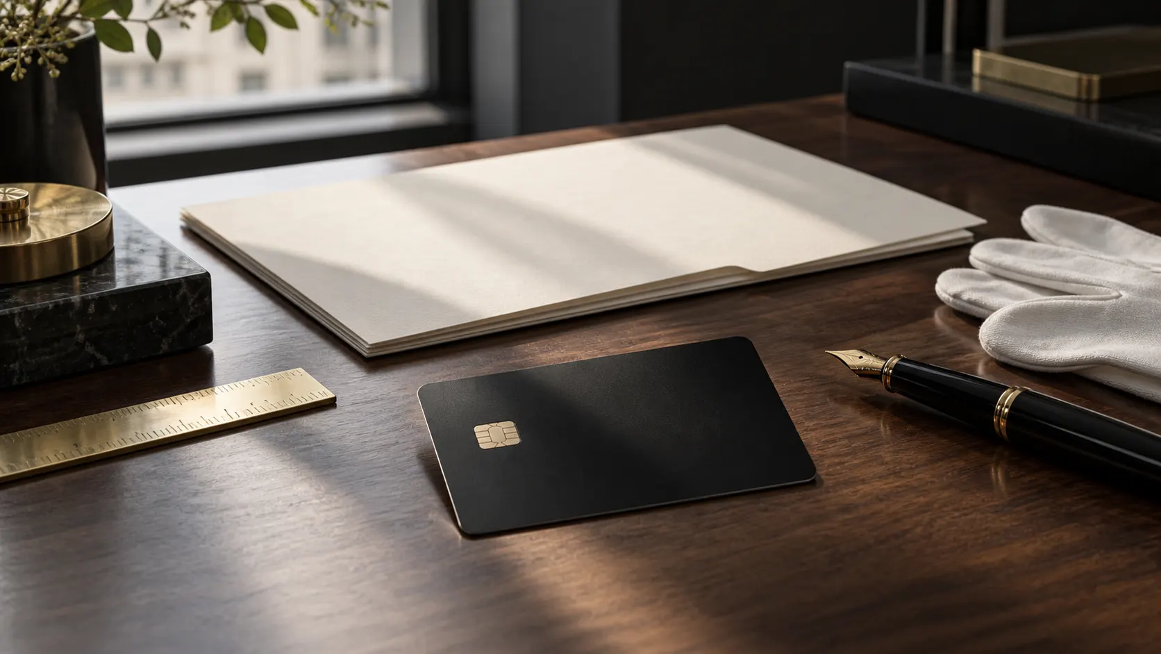 A matte black credit card, blank ivory statement folder, brass ruler, fountain pen, and white gloves on a walnut desk.