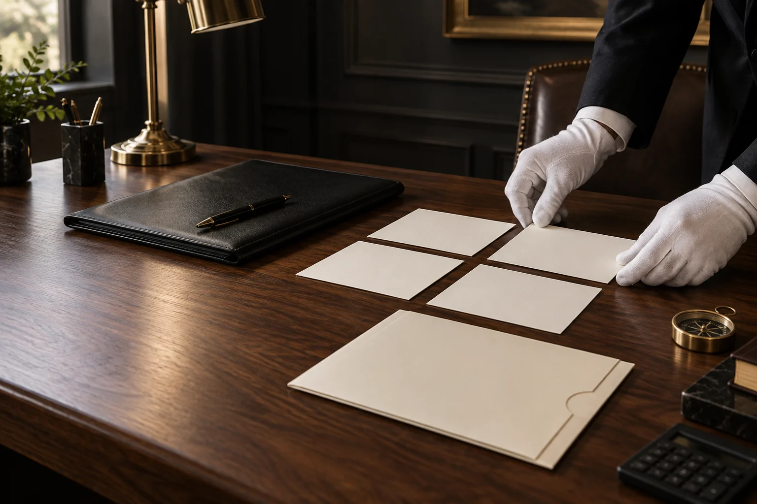 A white-gloved concierge arranging blank financial cards and an ivory folder on a walnut desk.