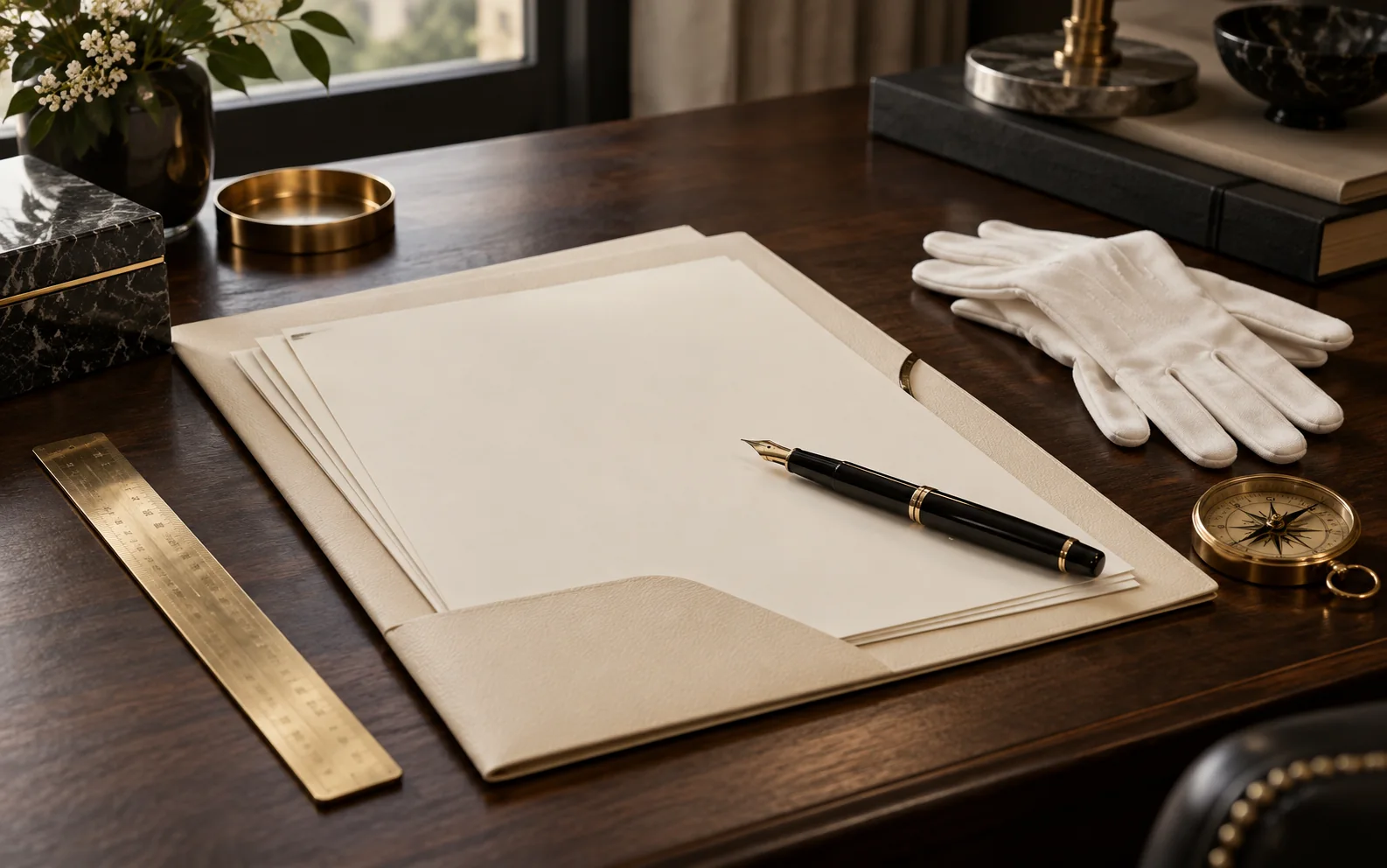 An ivory folder, blank papers, a brass ruler, a black fountain pen, and white gloves on a walnut desk.