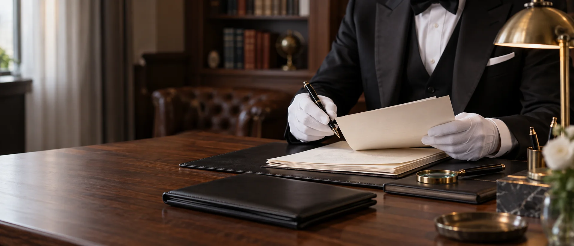 A white-gloved concierge reviewing neutral provider documents at a walnut desk with a brass lamp and black folio.