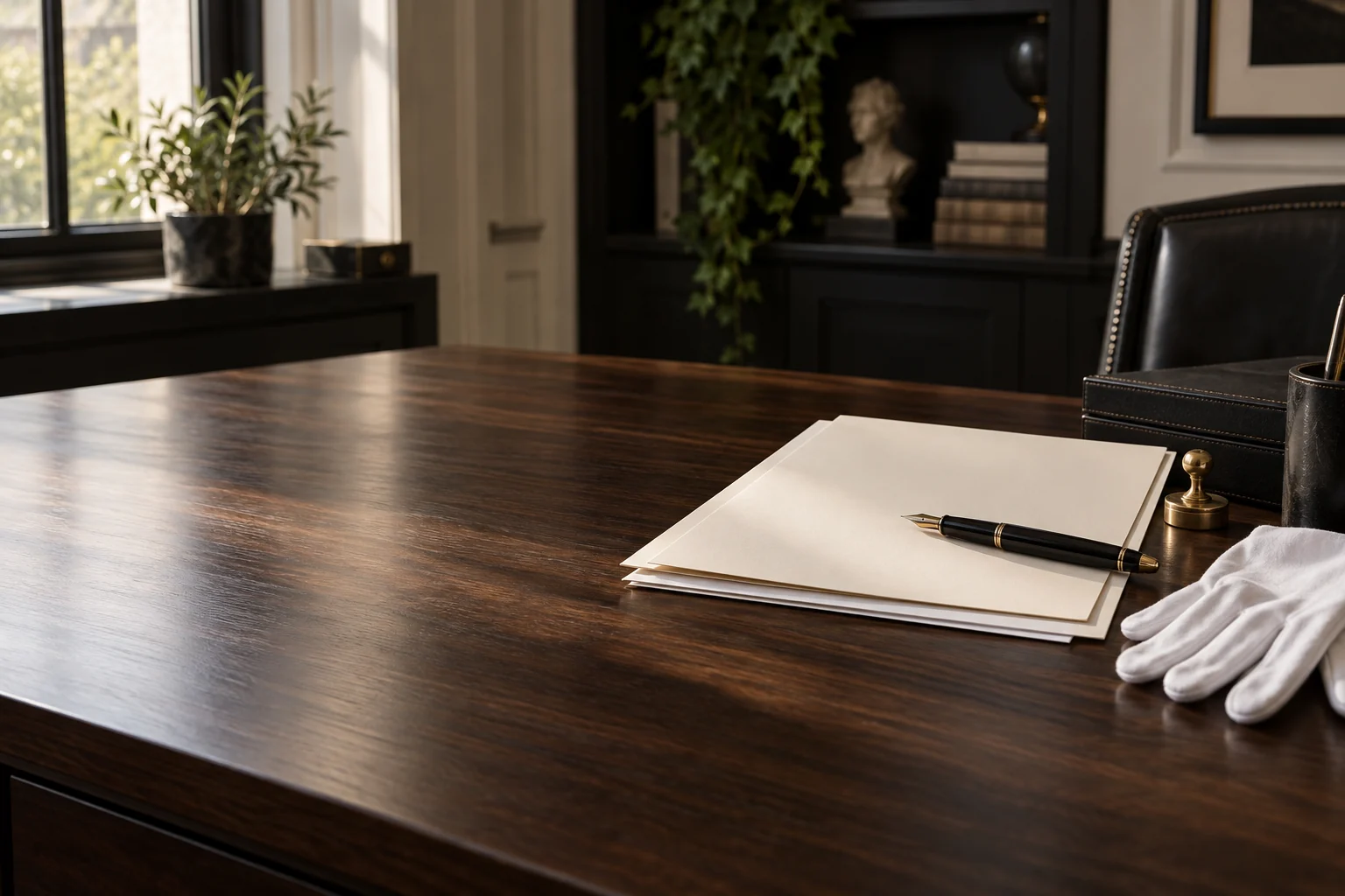 Blank privacy documents, a fountain pen, a brass seal, and white gloves on a walnut desk.